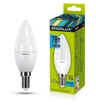 Ergolux LED-C35-7W-E14-4K (Эл.лампа светодиодная Свеча 7Вт E14 4500K 172-265В)
